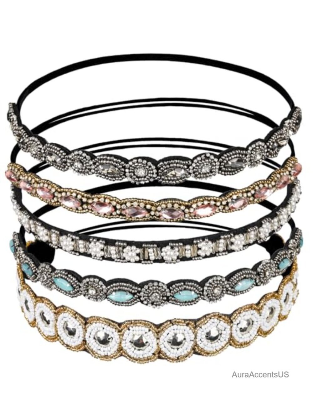 5pc Rhinestone Beaded Headbands Faux Leather Elastic Hair Accessories for Women